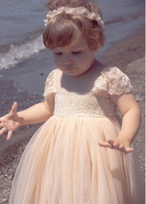 Cap Sleeves Champagne Lace Tulle Long Beach Flower Girl Dress